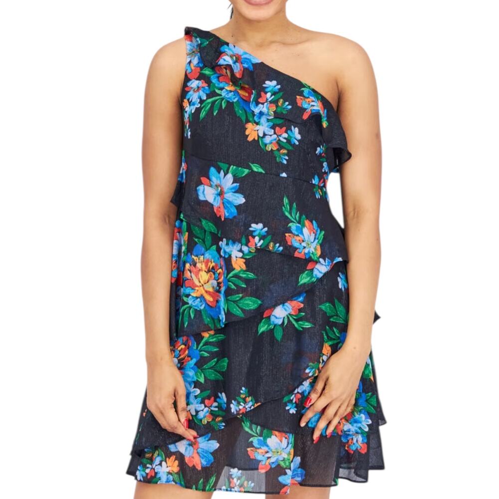 27. Lauren Ralph Lauren Navy Metallic Floral Asymmetrical Layered Dress Size 18